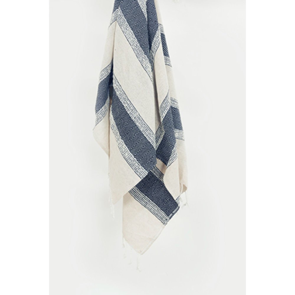 50" X 60" Blue And Ivory Cotton Woven Striped Throw Blanket with Fringe