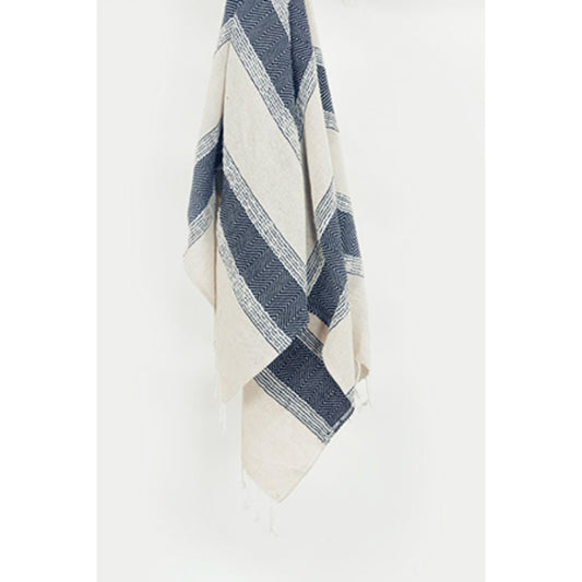 50" X 60" Blue And Ivory Cotton Woven Striped Throw Blanket with Fringe