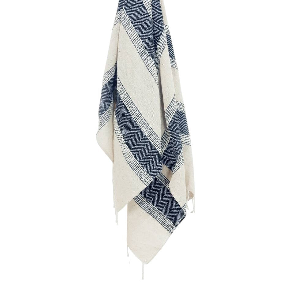50" X 60" Blue And Ivory Cotton Woven Striped Throw Blanket with Fringe