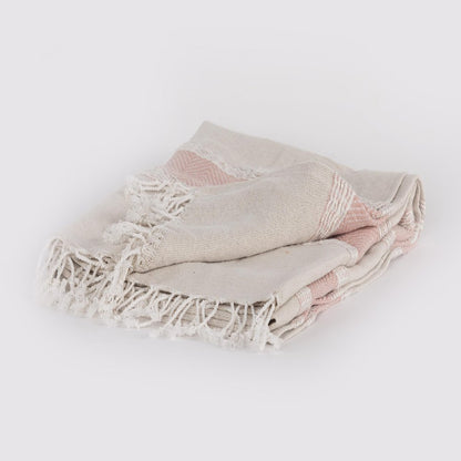 50" X 60" Beige And Pink Cotton Woven Striped Throw Blanket with Fringe