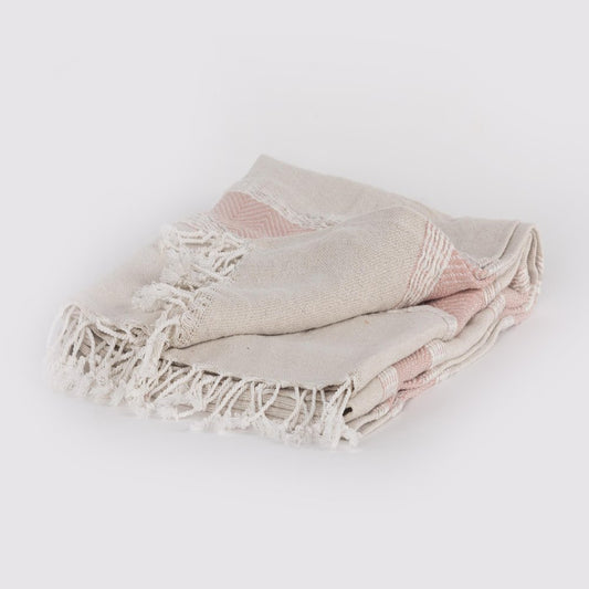 50" X 60" Beige And Pink Cotton Woven Striped Throw Blanket with Fringe