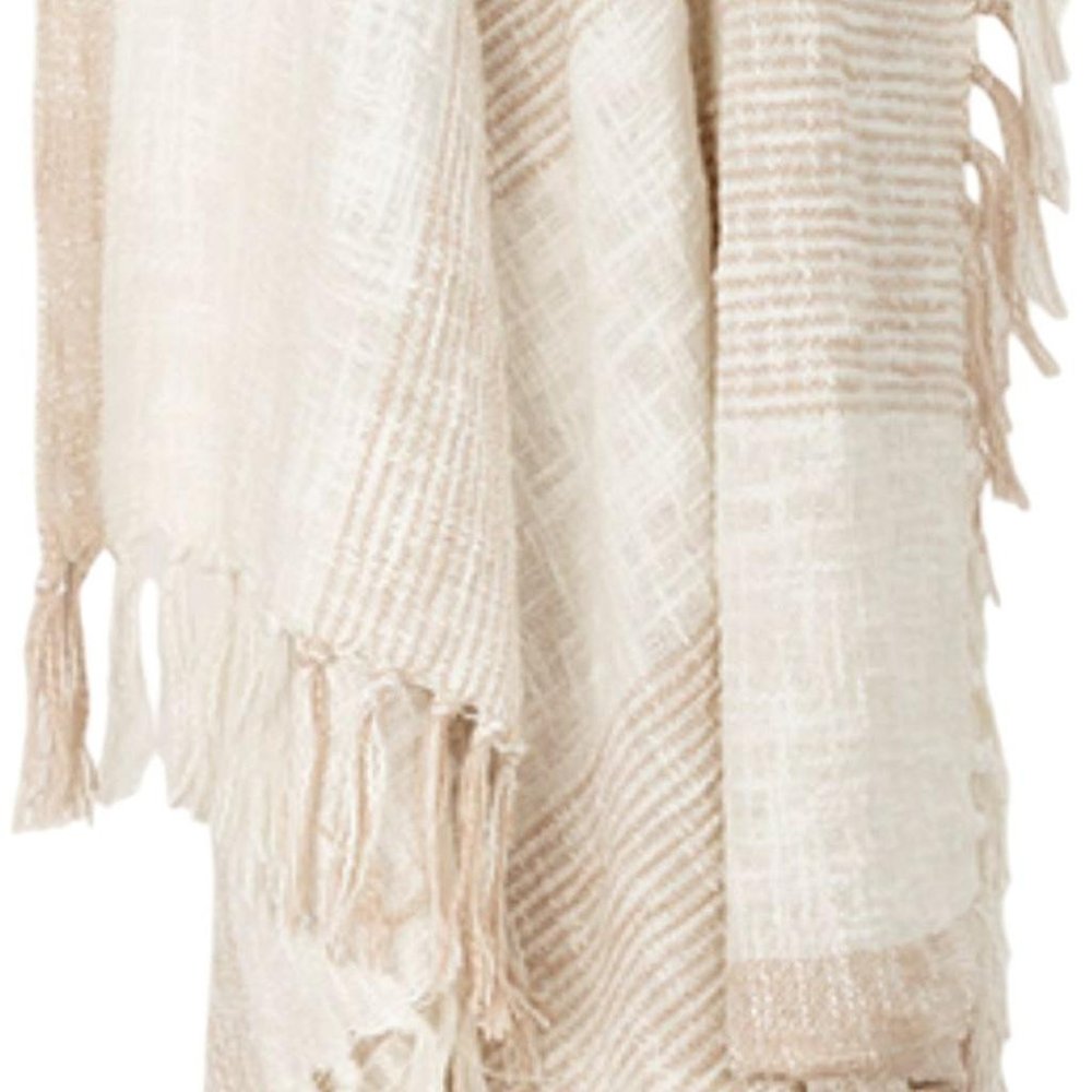 50" X 60" Ivory Cotton Woven Striped Throw Blanket with Fringe
