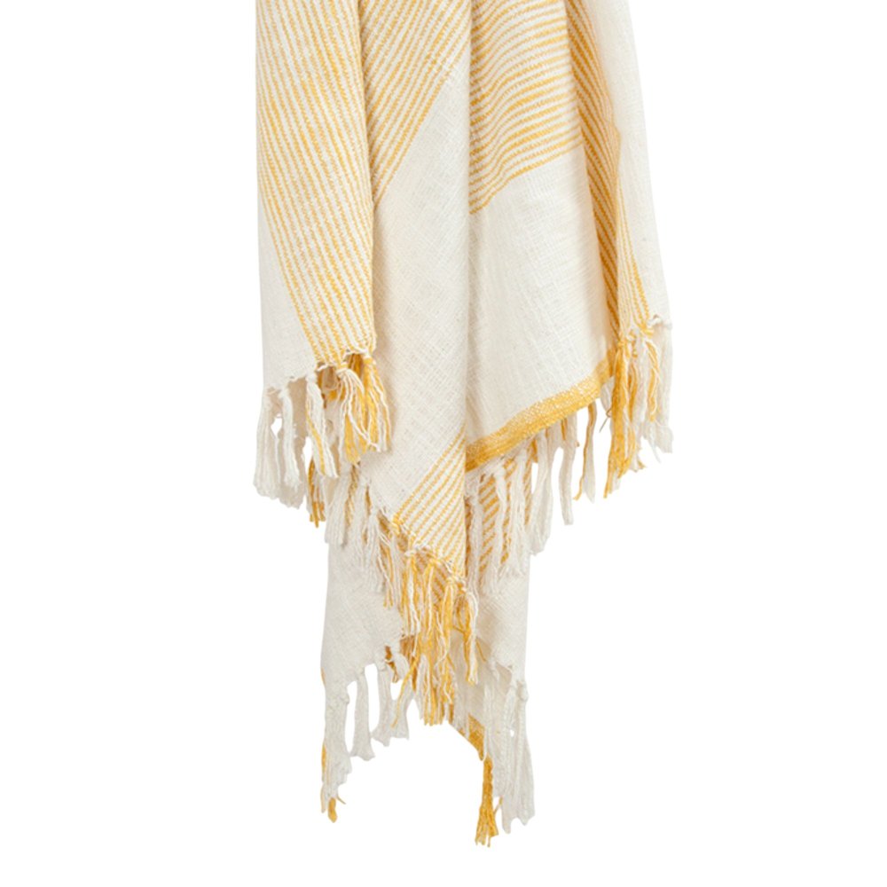 50" X 60" Yellow And Ivory Cotton Woven Striped Throw Blanket with Fringe