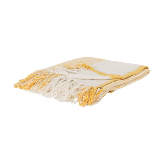 50" X 60" Yellow And Ivory Cotton Woven Striped Throw Blanket with Fringe