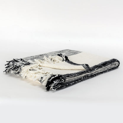 50" X 60" Black And Ivory Cotton Woven Striped Throw Blanket with Fringe