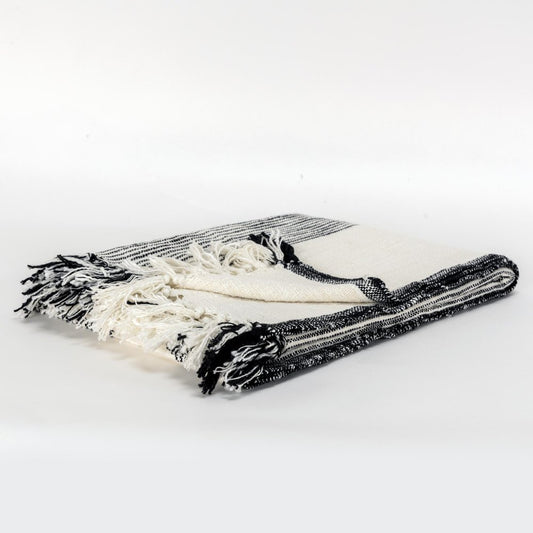 50" X 60" Black And Ivory Cotton Woven Striped Throw Blanket with Fringe