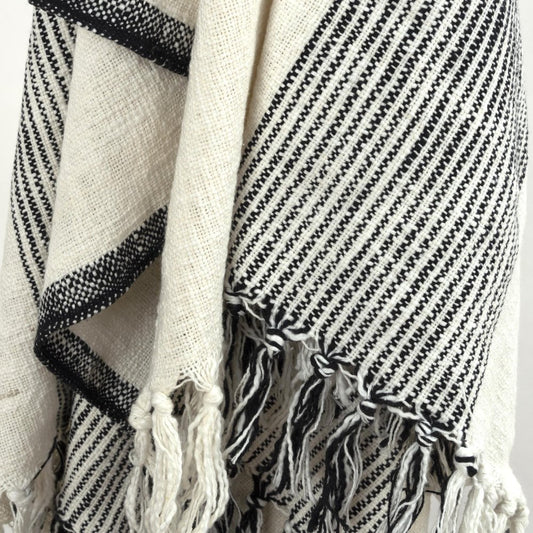 50" X 60" Black And Ivory Cotton Woven Striped Throw Blanket with Fringe