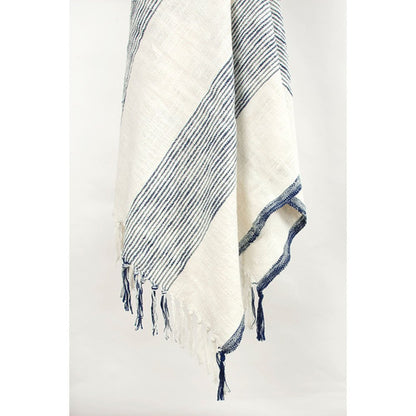 50" X 60" Blue And Ivory Cotton Woven Striped Throw Blanket with Fringe