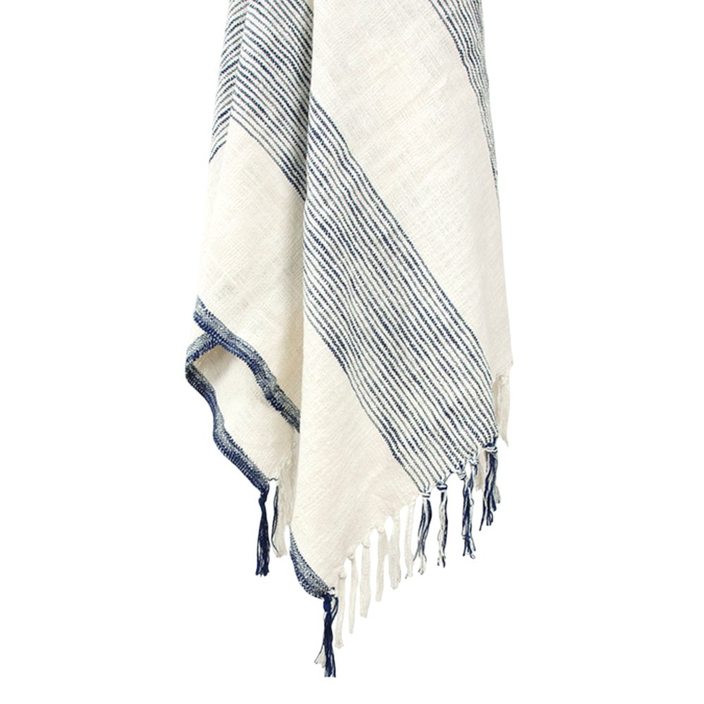 50" X 60" Blue And Ivory Cotton Woven Striped Throw Blanket with Fringe