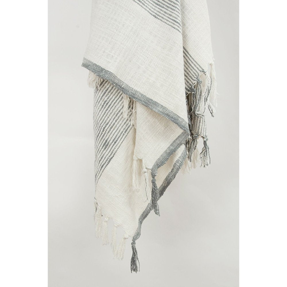 50" X 60" Gray And Ivory Cotton Woven Striped Throw Blanket with Fringe