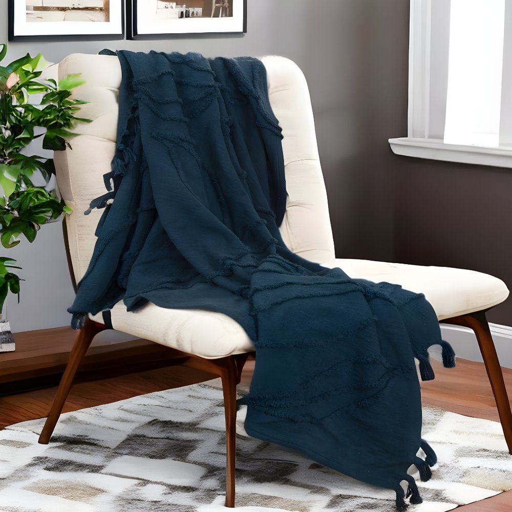 Teal Blue Woven 100% Woven Textured Cotton Throw Blanket
