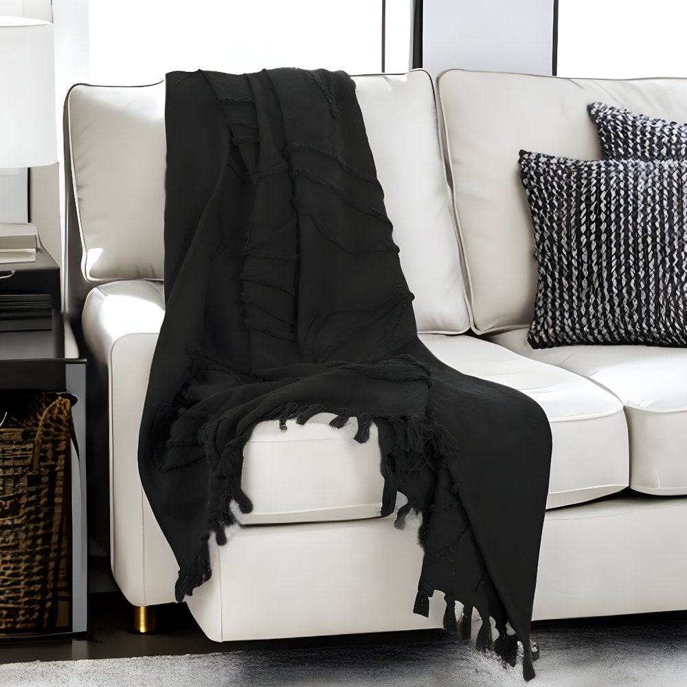 Black Woven 100% Woven Textured Cotton Throw Blanket