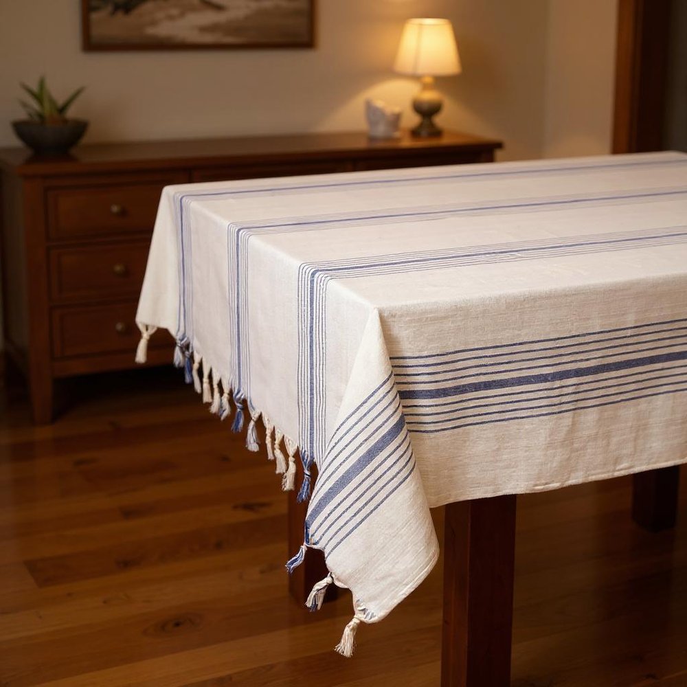 71" x 95" Cream And Blue Striped Cotton Tablecloth And Napkins Set