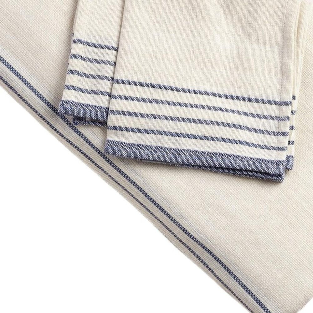 71" x 95" Cream And Blue Striped Cotton Tablecloth And Napkins Set