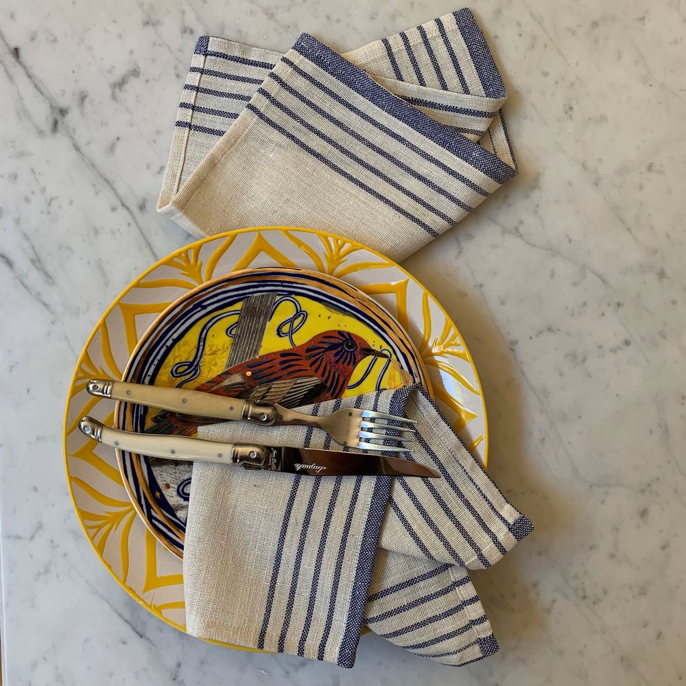 71" x 95" Cream And Blue Striped Cotton Tablecloth And Napkins Set
