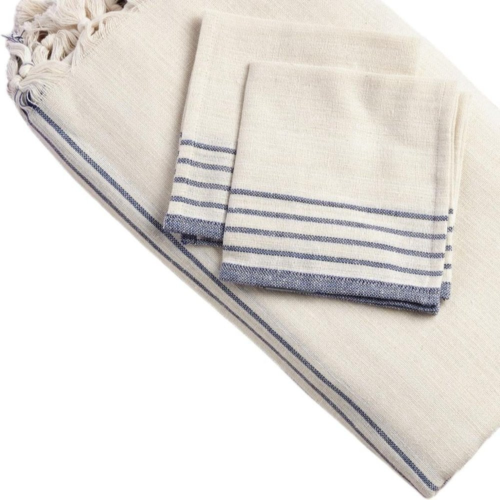 71" x 95" Cream And Blue Striped Cotton Tablecloth And Napkins Set