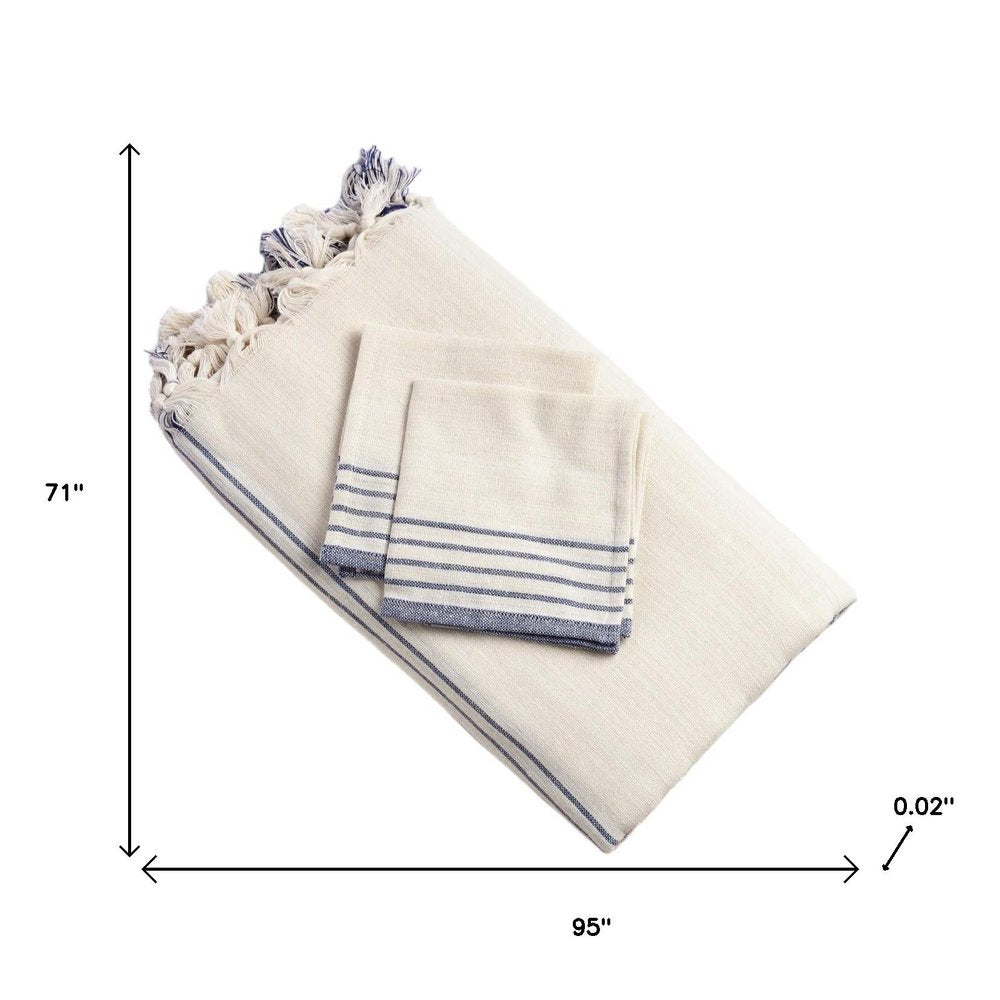 71" x 95" Cream And Blue Striped Cotton Tablecloth And Napkins Set