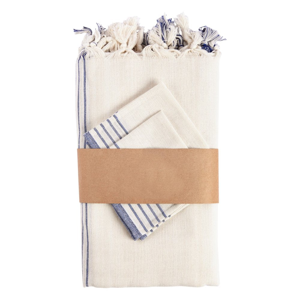 71" x 95" Cream And Blue Striped Cotton Tablecloth And Napkins Set