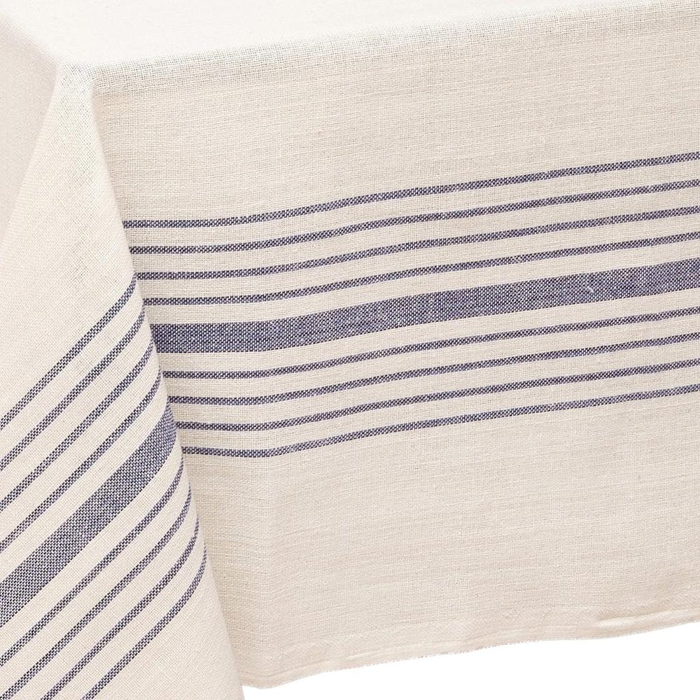 71" x 95" Cream And Blue Striped Cotton Tablecloth And Napkins Set