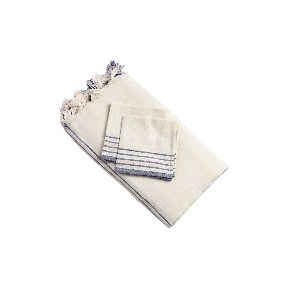 71" x 95" Cream And Blue Striped Cotton Tablecloth And Napkins Set