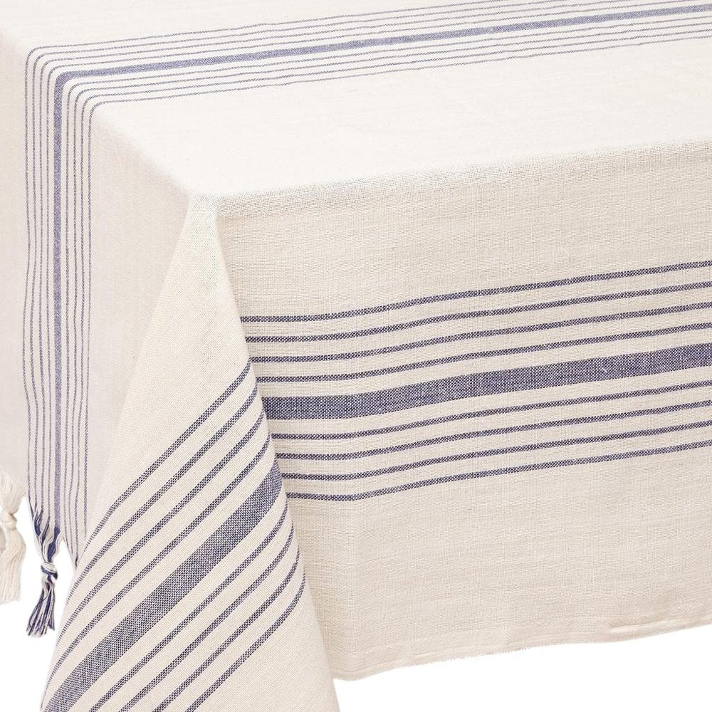 71" x 95" Cream And Blue Striped Cotton Tablecloth And Napkins Set