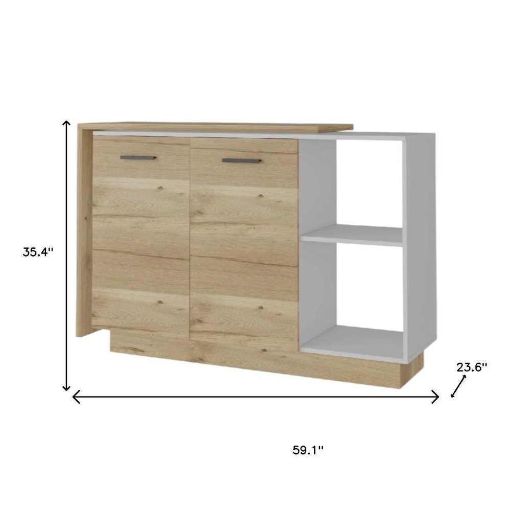 59" Natural White and Brown Wood Kitchen Island Set With Storage