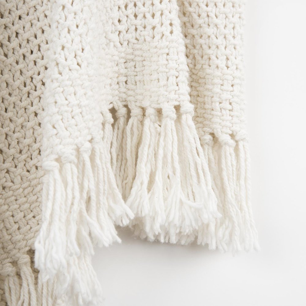 50" X 60" White Cotton Knitted Throw Blanket with Fringe