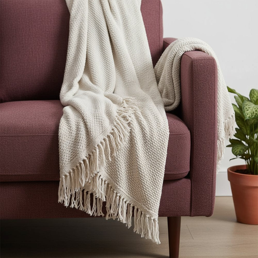 50" X 60" White Cotton Knitted Throw Blanket with Fringe