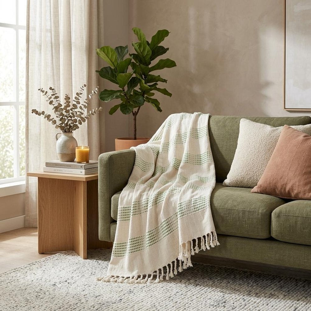 Gray and Green Woven Cotton Throw Blanket with Fringe