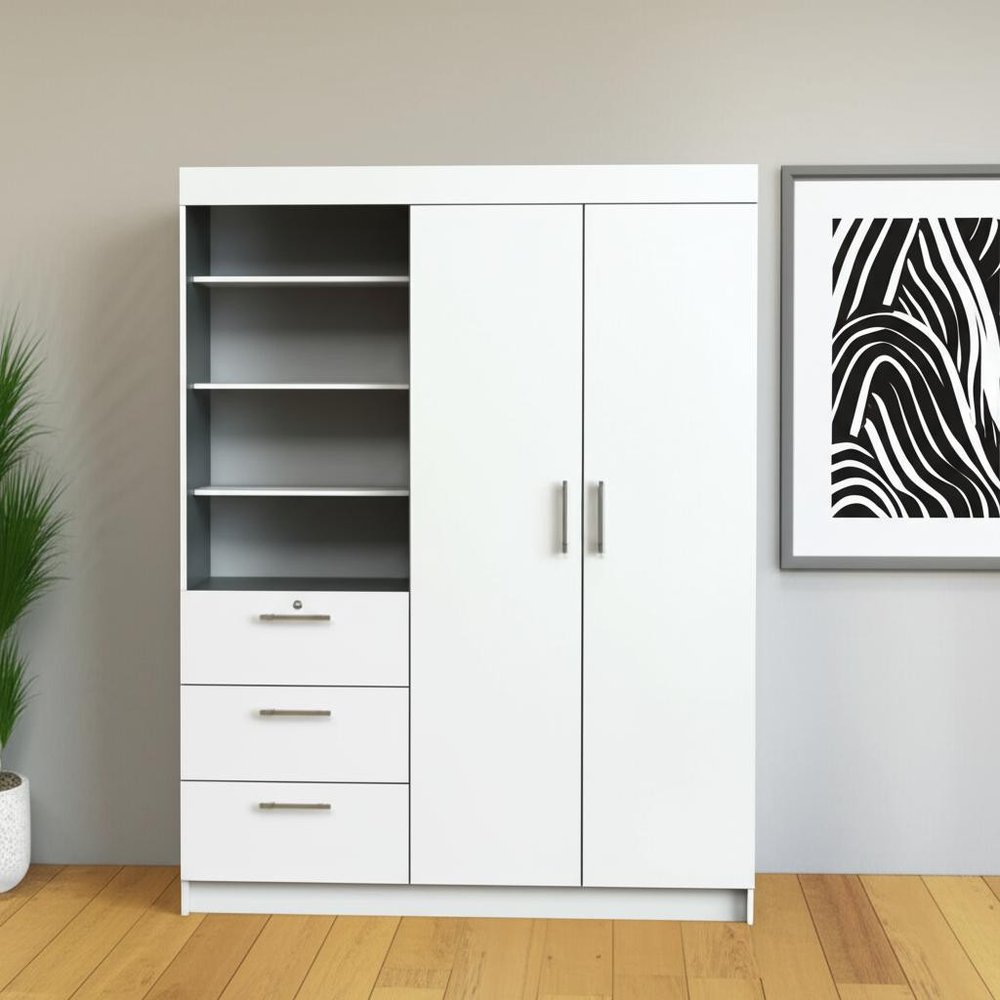 79" White Wood Two Door Three Drawer Combo Dresser