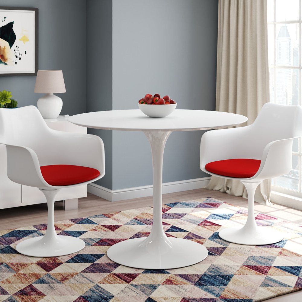 Red and White Upholstered Faux Leather Dining Arm Chair