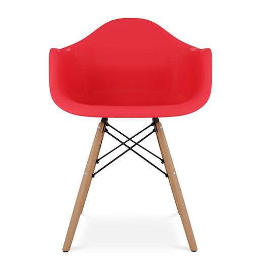 Red And Natural Heavy Duty Plastic And Solid Wood Dining Arm Chair