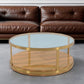 43" Clear Gold And Brown Glass Wood and Metal Round Coffee Table With Shelf