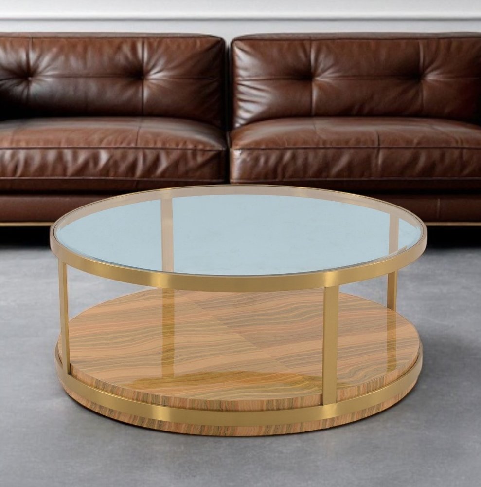 43" Clear Gold And Brown Glass Wood and Metal Round Coffee Table With Shelf