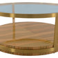 43" Clear Gold And Brown Glass Wood and Metal Round Coffee Table With Shelf