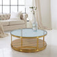 43" Clear Gold And Brown Glass Wood and Metal Round Coffee Table With Shelf