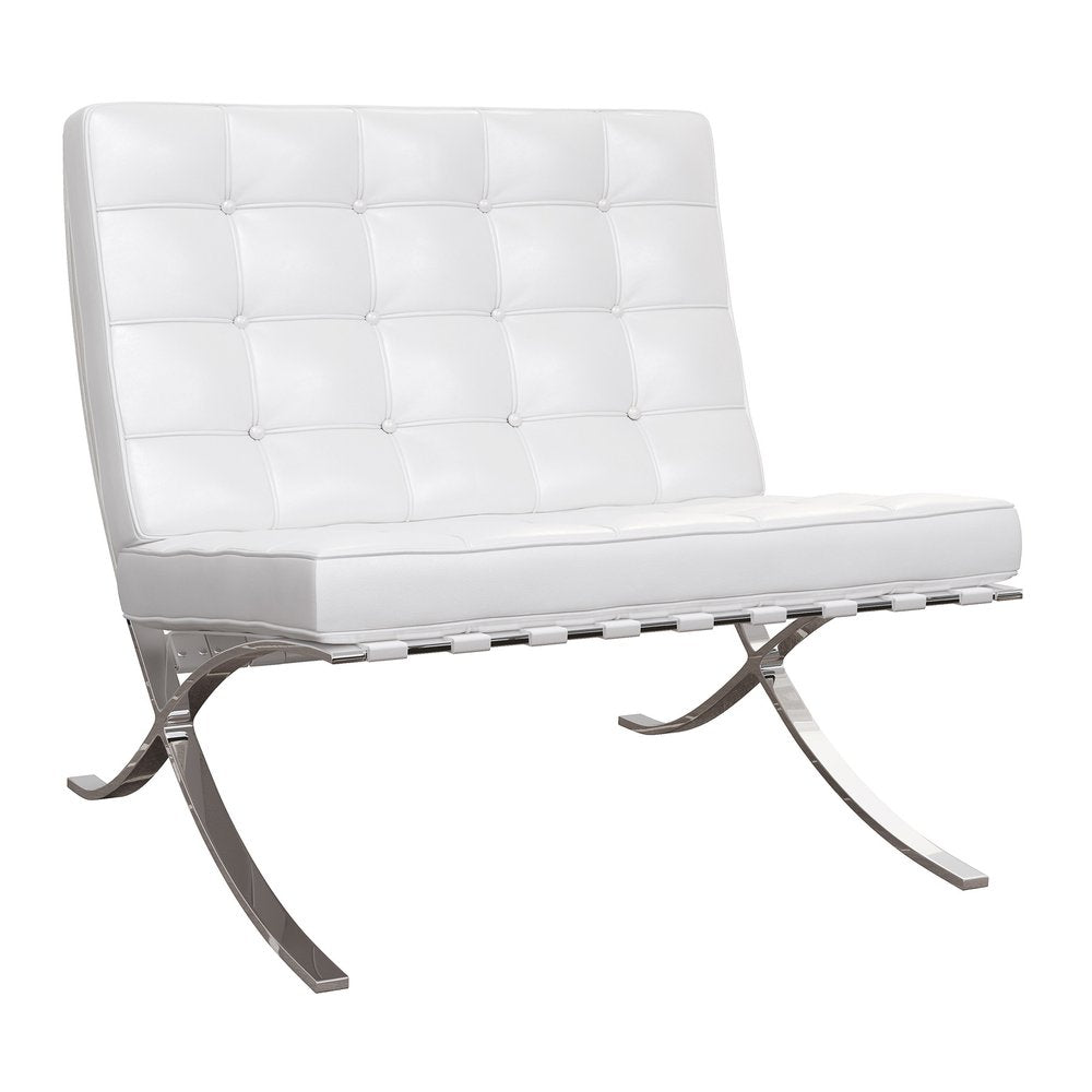 32" White and Silver Italian Leather Tufted Lounge Chair