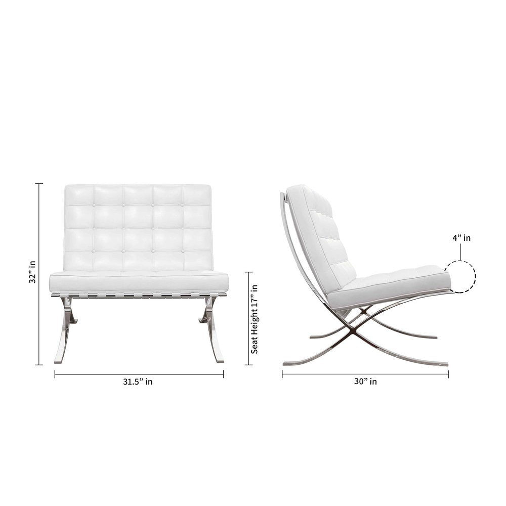 32" White and Silver Italian Leather Tufted Lounge Chair