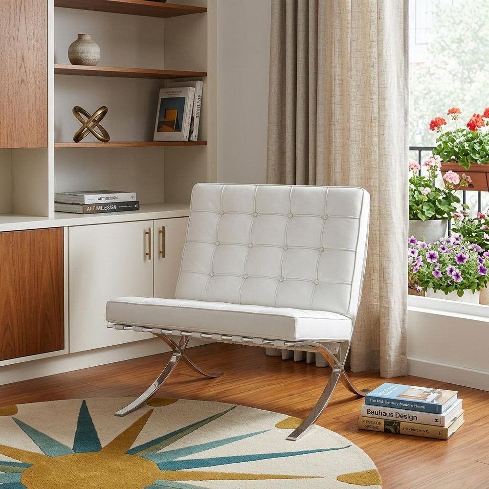 32" White and Silver Italian Leather Tufted Lounge Chair