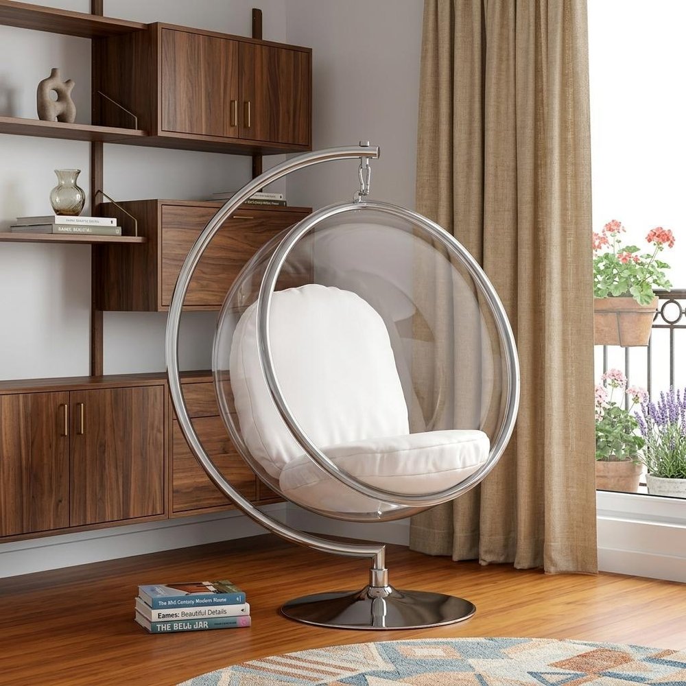 42" White and Silver Faux Leather Balloon Chair