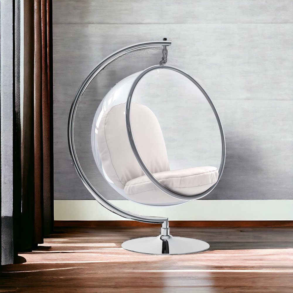 42" White and Silver Faux Leather Balloon Chair