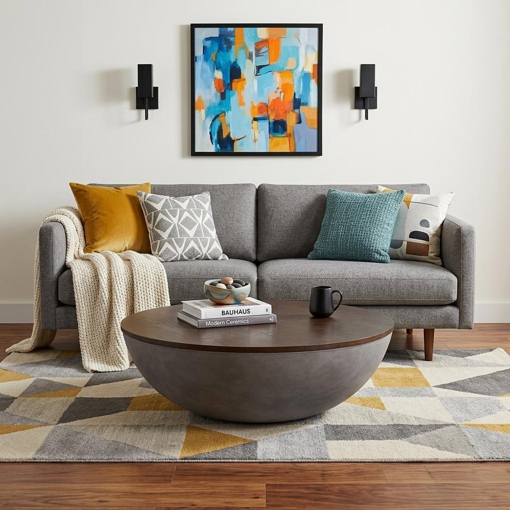 48" Brown And Gray Solid Wood And Concrete Round Coffee Table
