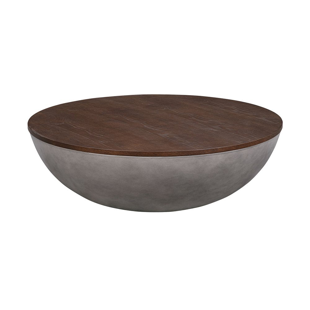 48" Brown And Gray Solid Wood And Concrete Round Coffee Table