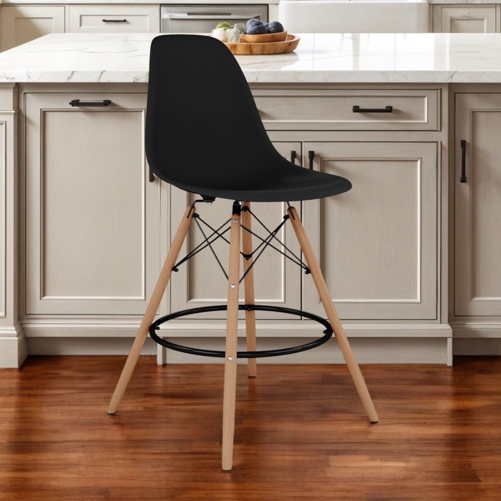 28" Black And Brown Heavy Duty Plastic And Solid Wood Counter Height Bar Chair