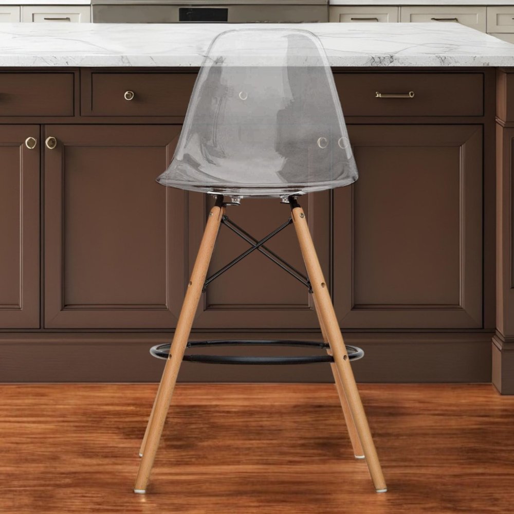 28" Clear And Brown Acrylic And Solid Wood Counter Height Bar Chair