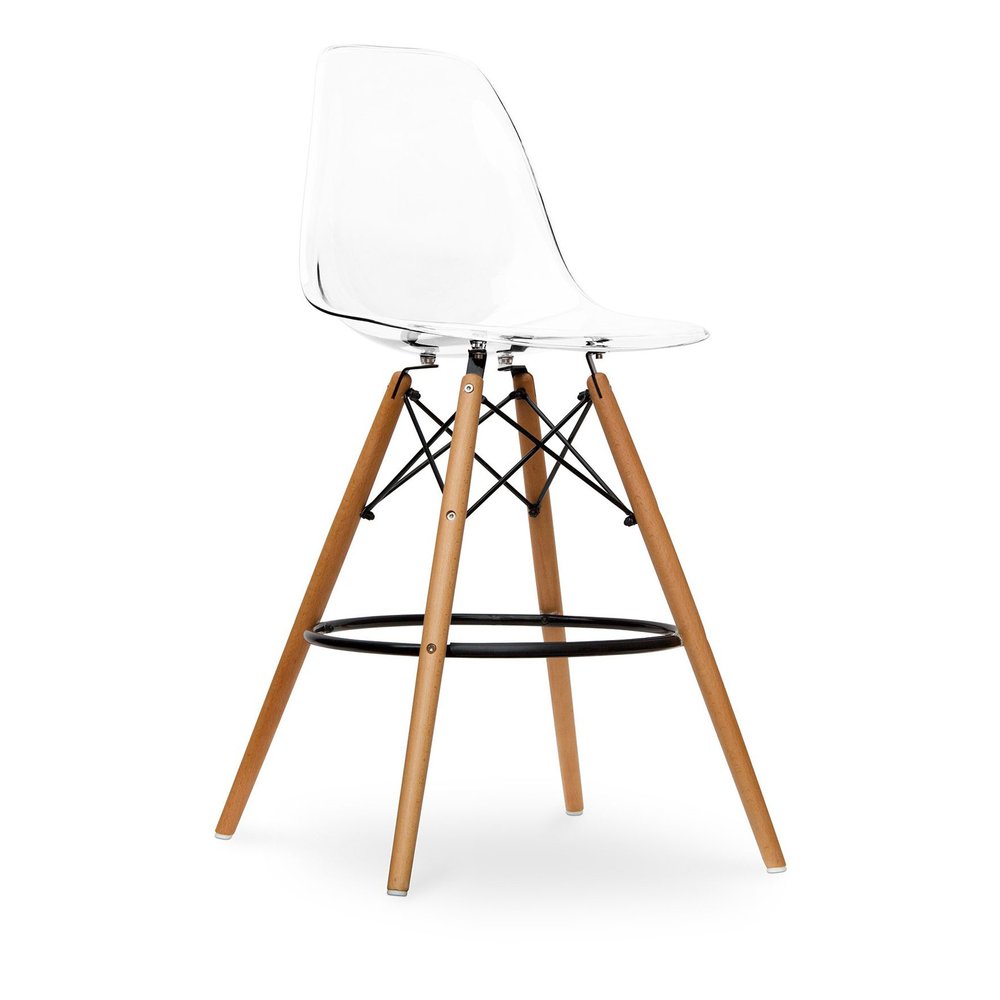 28" Clear And Brown Acrylic And Solid Wood Counter Height Bar Chair