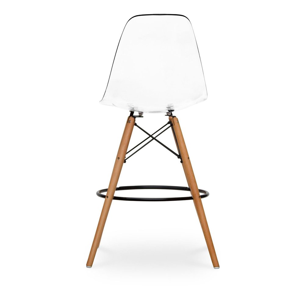 28" Clear And Brown Acrylic And Solid Wood Counter Height Bar Chair