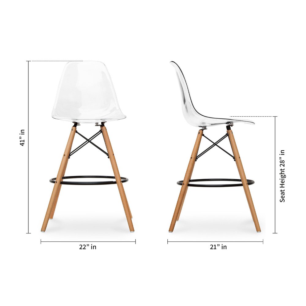 28" Clear And Brown Acrylic And Solid Wood Counter Height Bar Chair