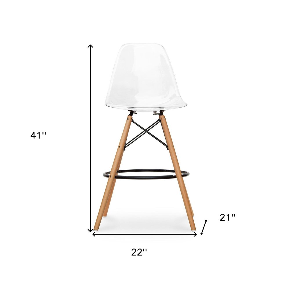 28" Clear And Brown Acrylic And Solid Wood Counter Height Bar Chair