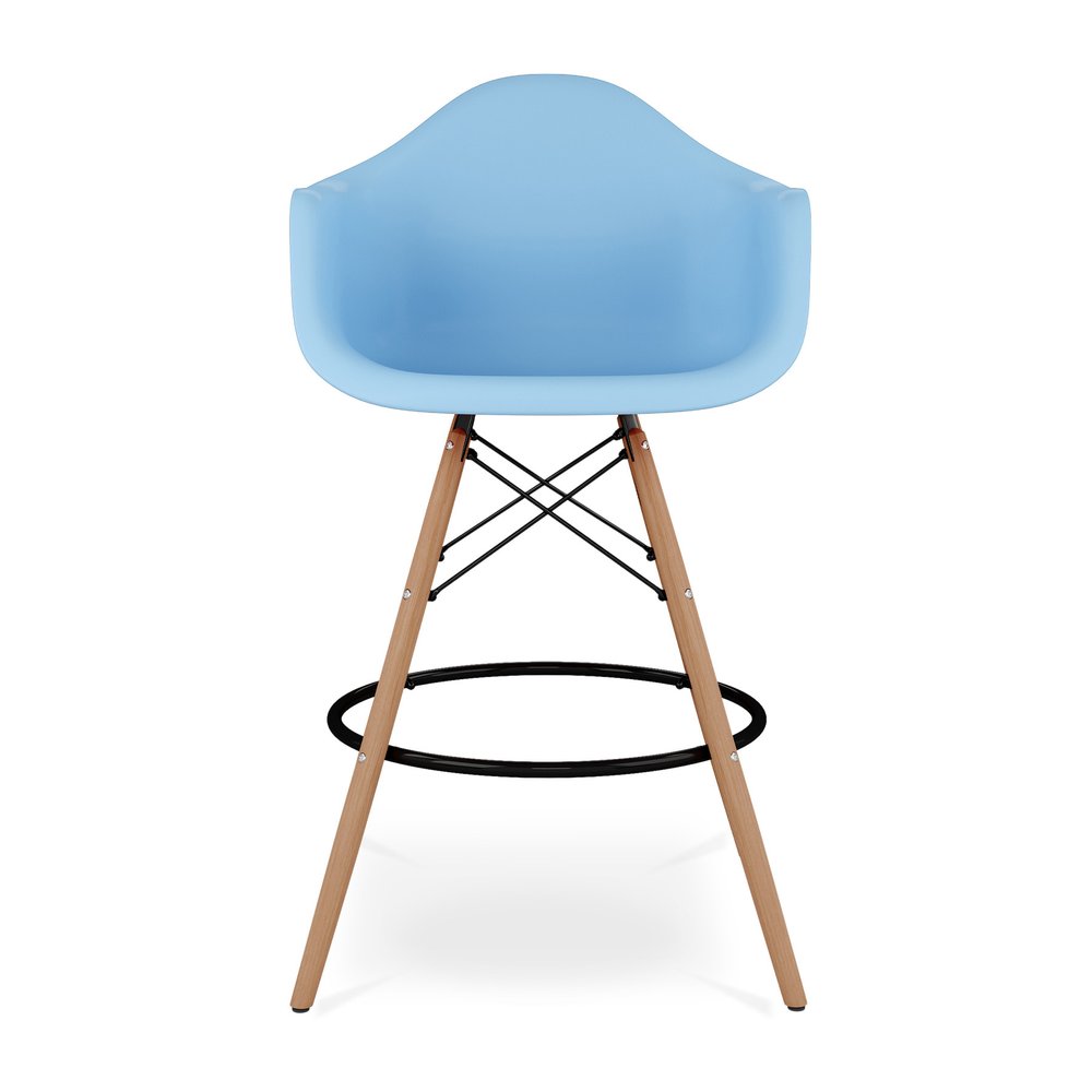28" Light Blue And Brown Heavy Duty Plastic And Solid Wood Low Back Counter Height Bar Chair